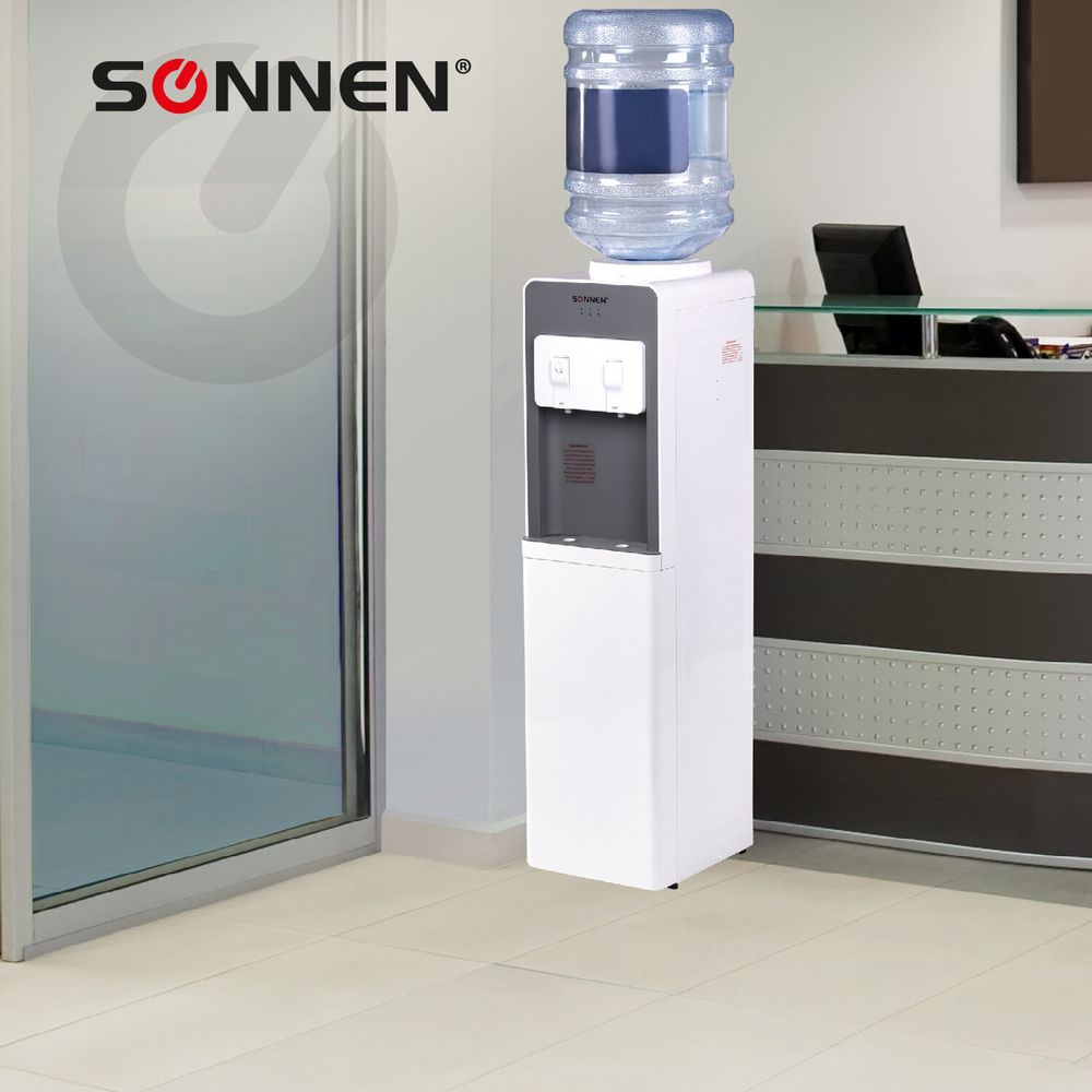 Кулер для воды SONNEN FSC-02BA, напольный, НАГРЕВ/ОХЛАЖДЕНИЕ КОМПРЕССОР, шкаф, 2 крана, серый