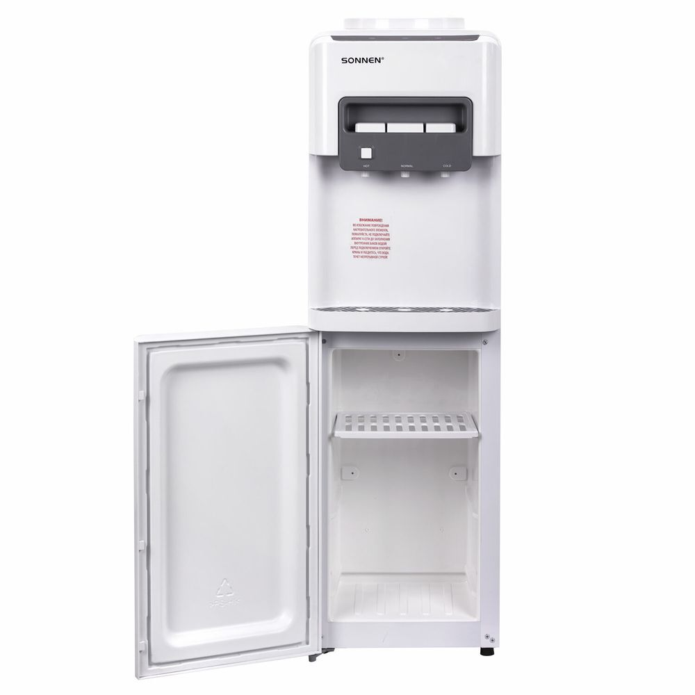 Кулер для воды SONNEN FSC-03AC, напольный, НАГРЕВ/ОХЛАЖДЕНИЕ КОМПРЕССОР, шкаф, 3 крана, белый