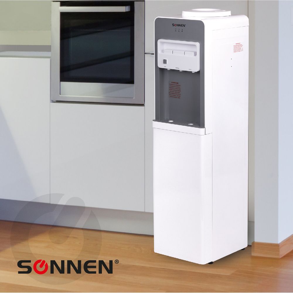 Кулер для воды SONNEN FSC-03BA, напольный, НАГРЕВ/ОХЛАЖДЕНИЕ КОМПРЕССОРНОЕ, 3 крана,серый