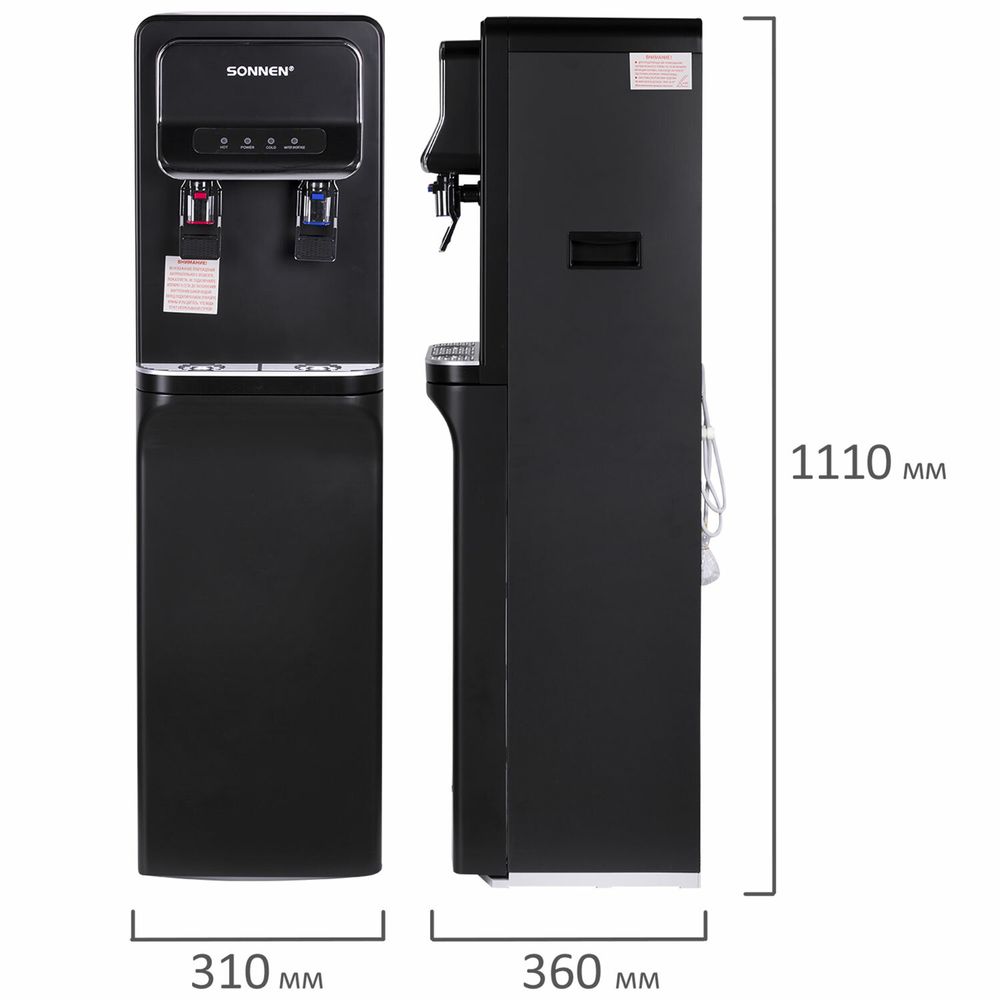 Кулер для воды SONNEN FSE-02WB, напольный, нагрев/охлаждение, НИЖНЯЯ ЗАГРУЗКА, 2 крана, черный