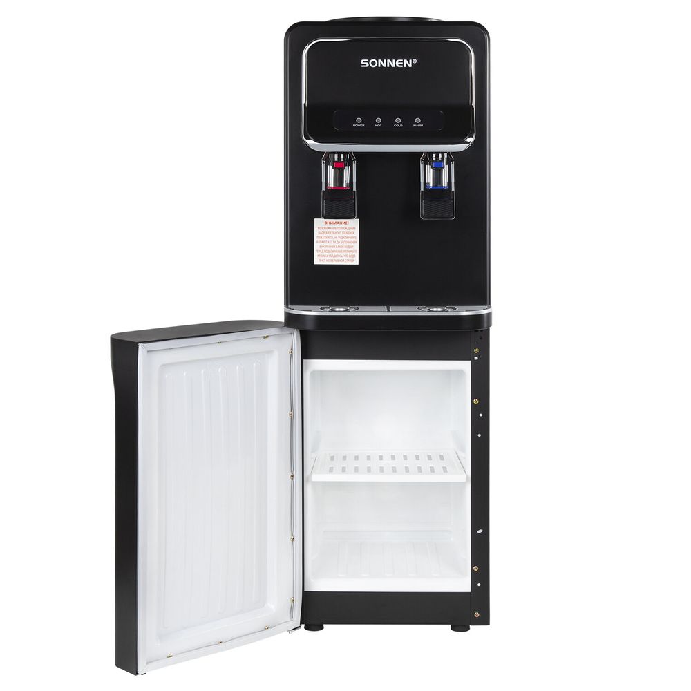 Кулер для воды SONNEN FSE-02WBc, напольный, НАГРЕВ/ОХЛАЖДЕНИЕ ЭЛЕКТРОННОЕ, шкаф, 2 крана, черный