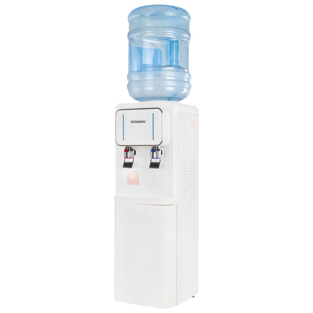 Кулер для воды SONNEN FSE-02Wc, напольный, НАГРЕВ/ОХЛАЖДЕНИЕ ЭЛЕКТРОННОЕ, шкаф, 2 крана, белый