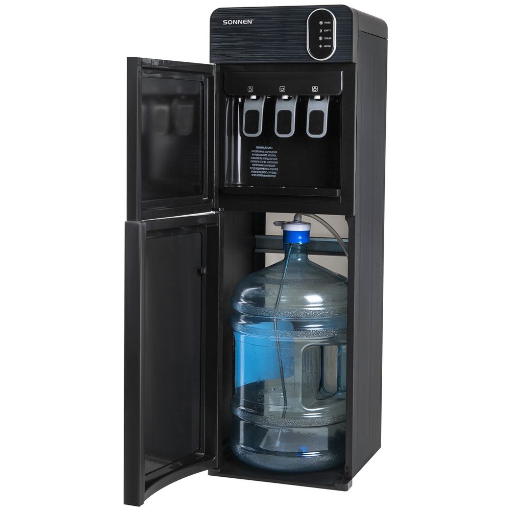 Кулер для воды SONNEN FSE-03Bi напольный, нагрев/охлаждение, НИЖНЯЯ ЗАГРУЗКА, 3 крана, графит