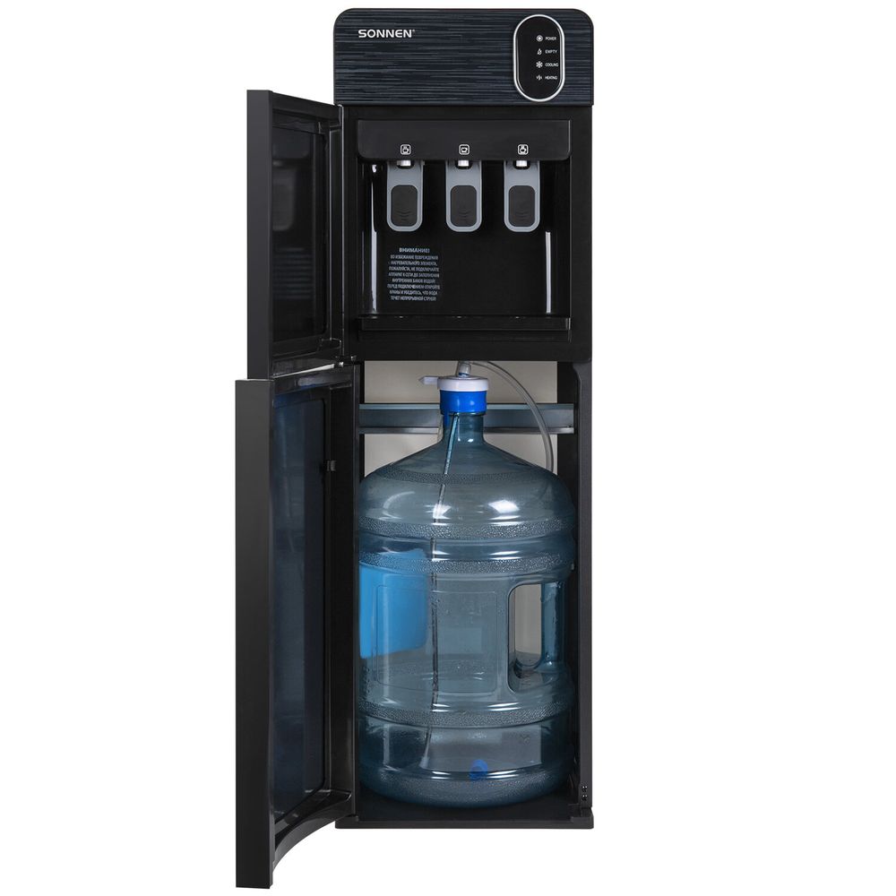 Кулер для воды SONNEN FSE-03Bi напольный, нагрев/охлаждение, НИЖНЯЯ ЗАГРУЗКА, 3 крана, графит