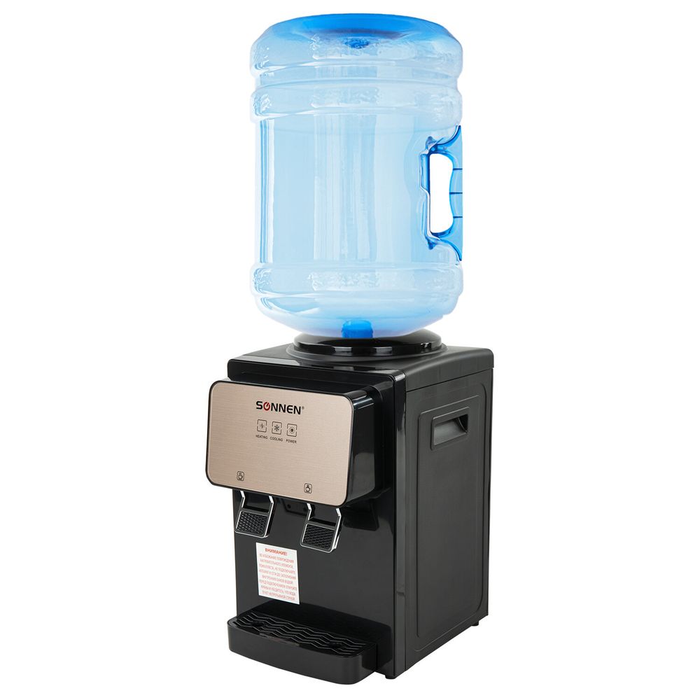 Кулер для воды SONNEN TSE-02BP, настольный, НАГРЕВ/ОХЛАЖДЕНИЕ ЭЛЕКТРОННОЕ, 2 крана, черный/бежевый