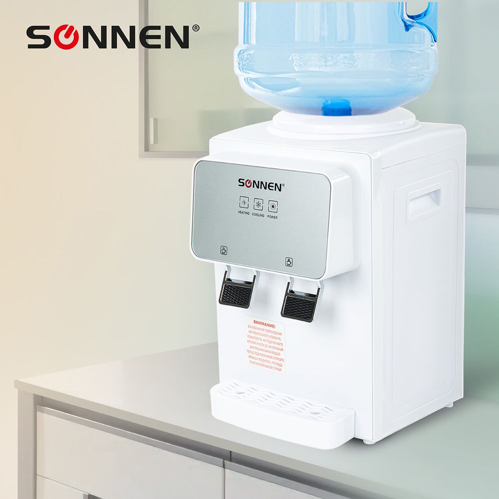 Кулер для воды SONNEN TSE-02WP, настольный, НАГРЕВ/ОХЛАЖДЕНИЕ ЭЛЕКТРОННОЕ, 2 крана, белый
