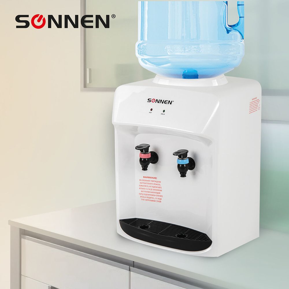 Кулер для воды SONNEN TSE-02WT, настольный, НАГРЕВ/ОХЛАЖДЕНИЕ ЭЛЕКТРОННОЕ, 2 крана, белый