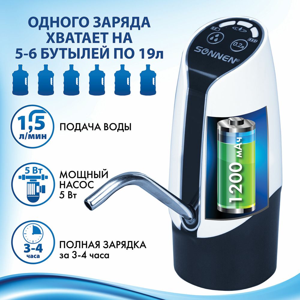 Помпа для воды электрическая SONNEN EWD152W, 1,5 л/мин, 2 РЕЖИМА, АККУМУЛЯТОР, АДАПТЕР, пластик