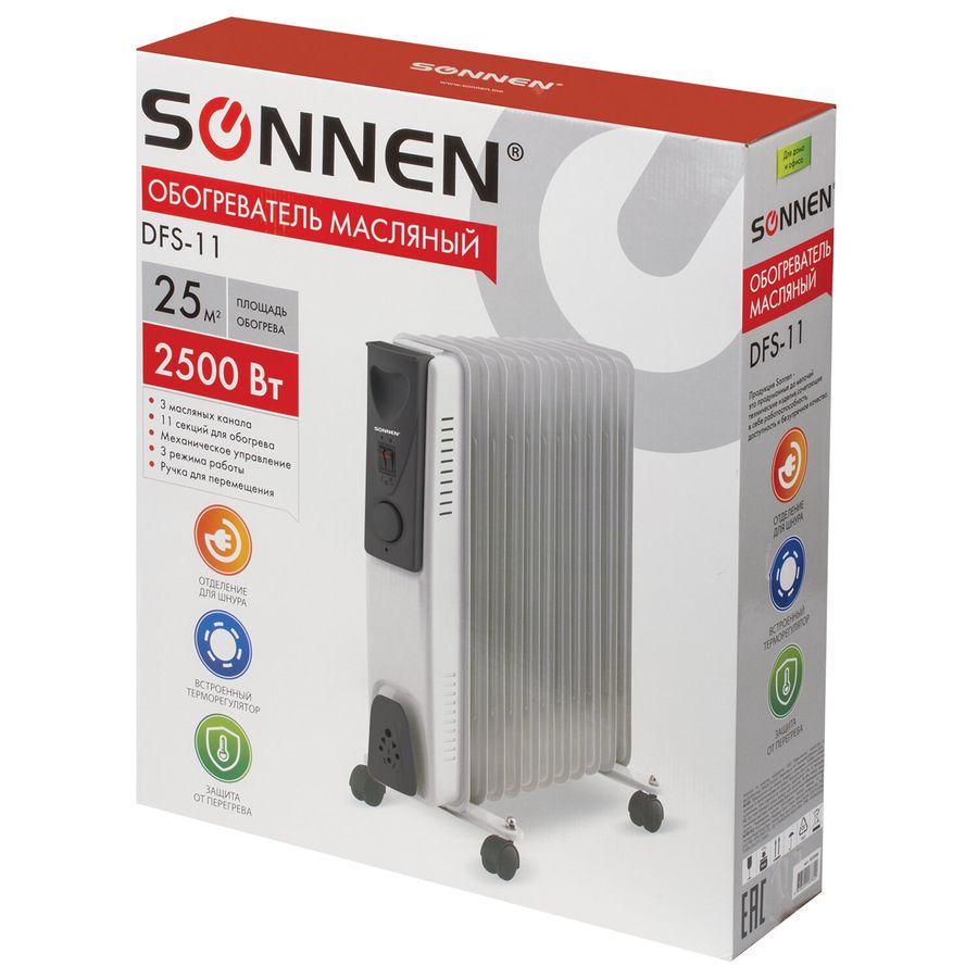 Обогреватель масляный SONNEN DFS-11, 2500 Вт, 11 секций, белый