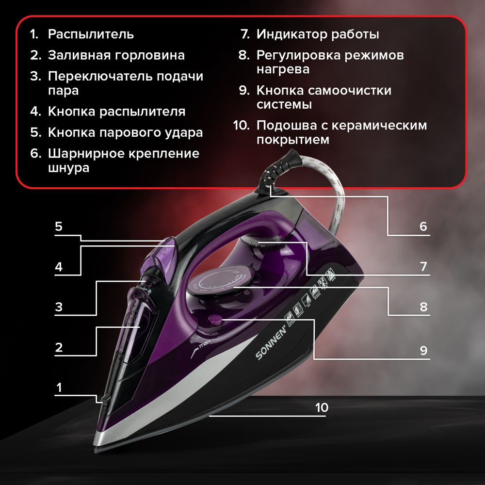 Утюг SONNEN SI-270, 2600 Вт, керамическое покрытие, антикапля, антинакипь, черный/фиолетовый