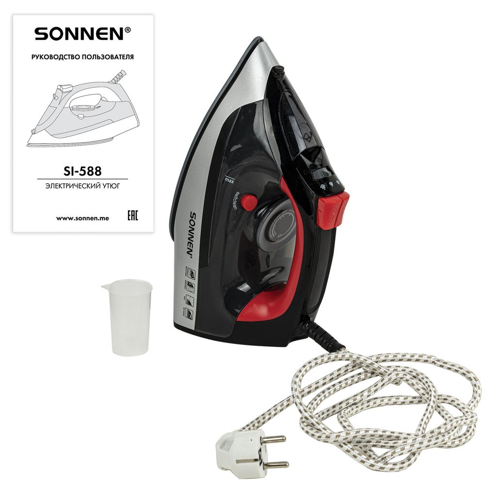 Утюг SONNEN SI-588, 2200 Вт, керамическое покрытие, паровой удар, черный/красный