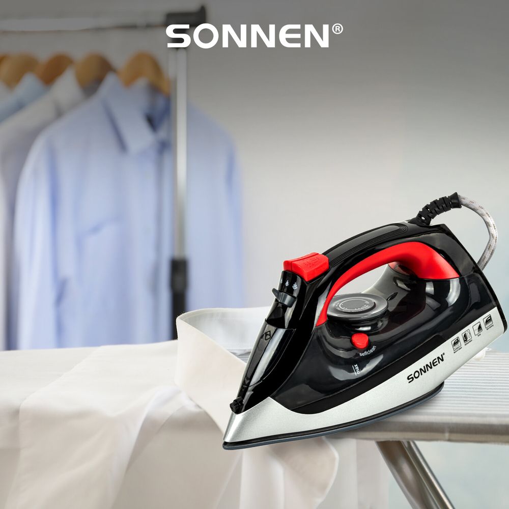 Утюг SONNEN SI-588, 2200 Вт, керамическое покрытие, паровой удар, черный/красный