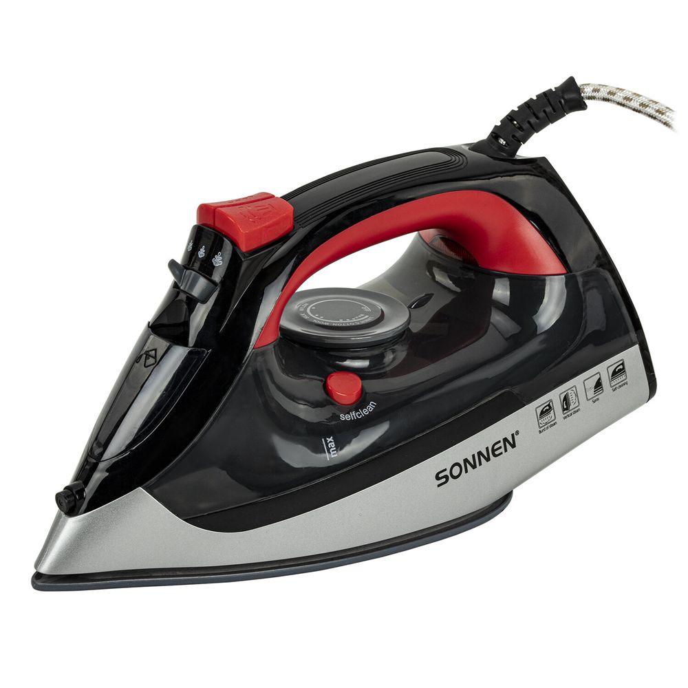 Утюг SONNEN SI-588, 2200 Вт, керамическое покрытие, паровой удар, черный/красный