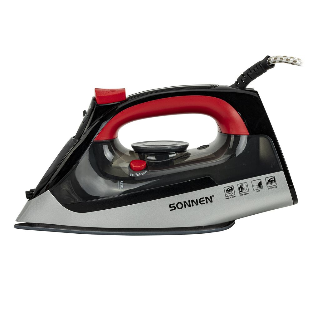 Утюг SONNEN SI-588, 2200 Вт, керамическое покрытие, паровой удар, черный/красный