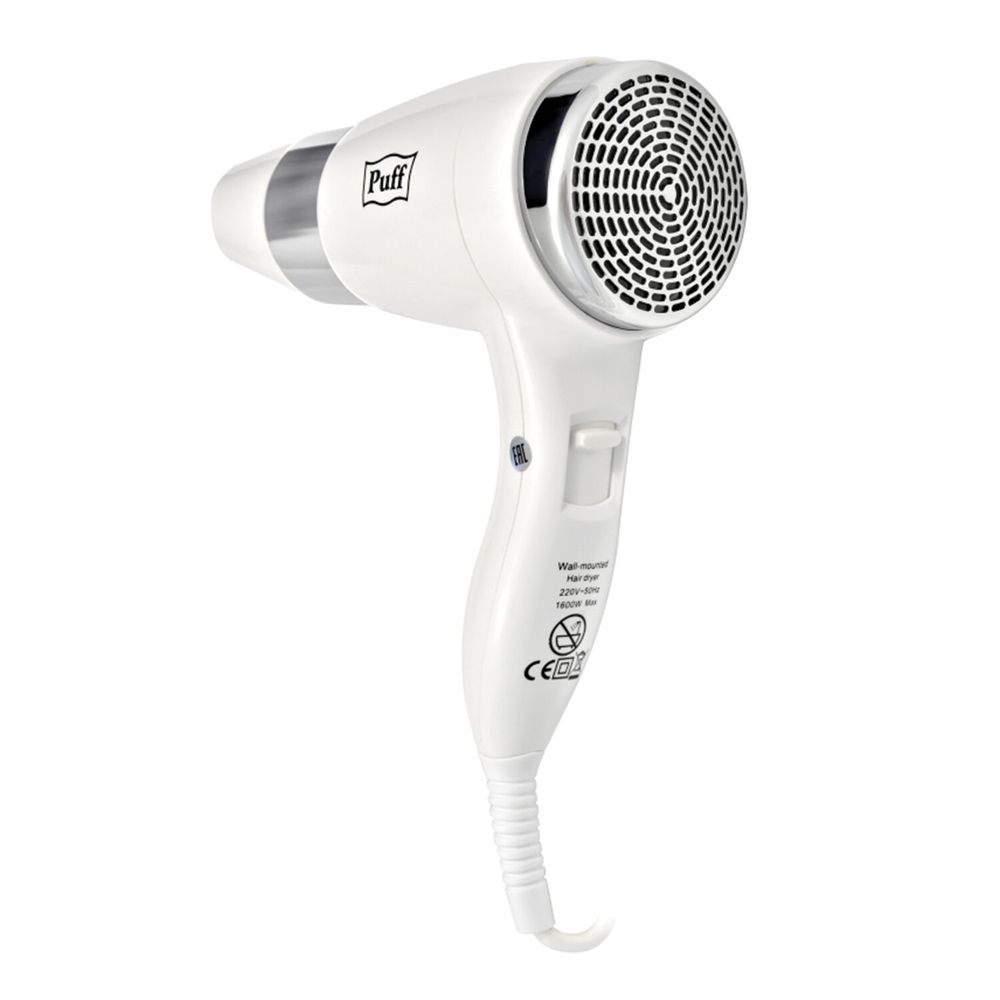 Фен для волос настенный PUFF-1600, 1600 Вт, пластик, 2 скорости, белый