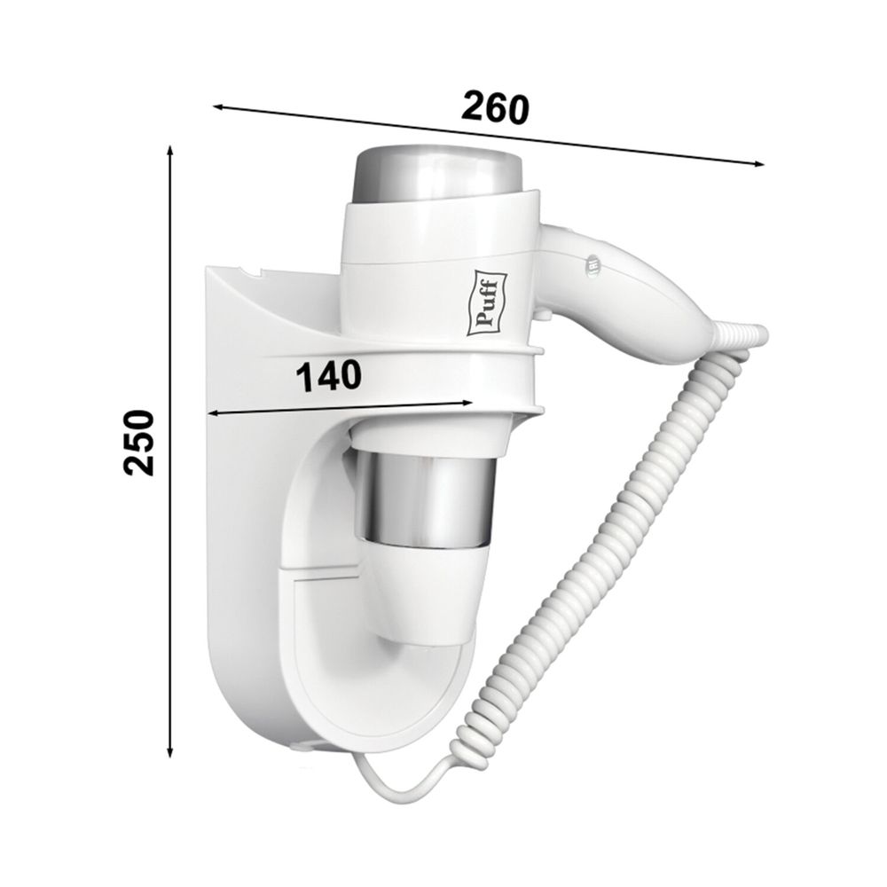 Фен для волос настенный PUFF-1600, 1600 Вт, пластик, 2 скорости, белый