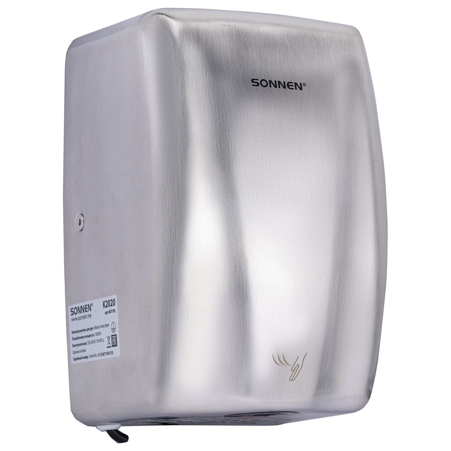 Сушилка для рук ВЫСОКОСКОРОСТНАЯ АНТИВАНДАЛЬНАЯ SONNEN K2020, 1000 Вт, 100 м/с, IPX3, 72 дБ, нержавеющая сталь