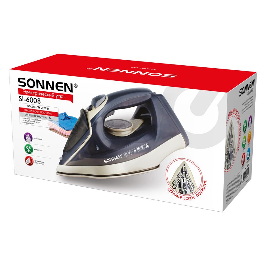Утюг паровой SONNEN SI-6008, 2200 Вт, керамическое покрытие, антикапля, серебристый/золотой