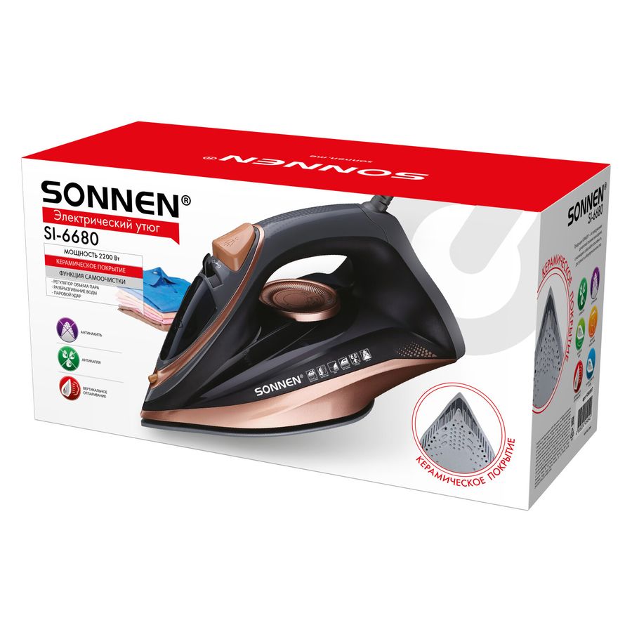 Утюг паровой SONNEN SI-6680, 2200 Вт, керамическое покрытие, антикапля, черный/розовый