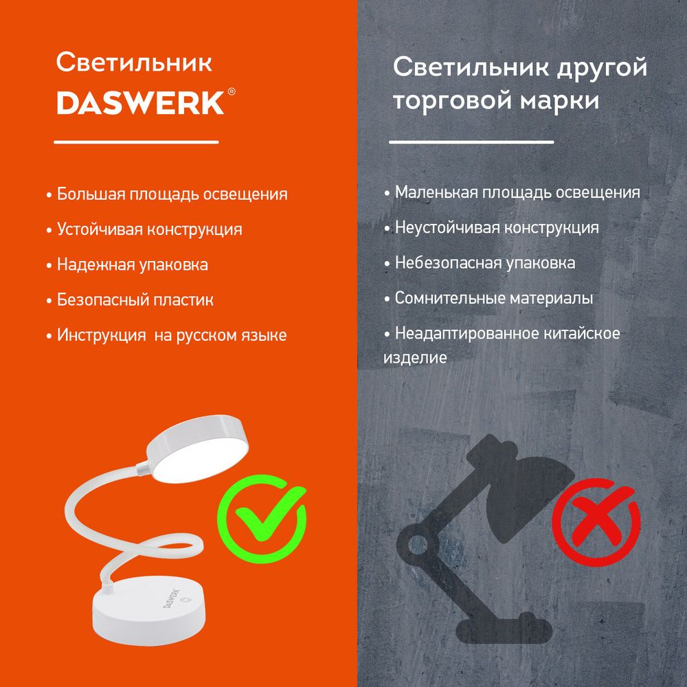 Настольная лампа светильник портативная, LED, 3 Вт, белый, DASWERK