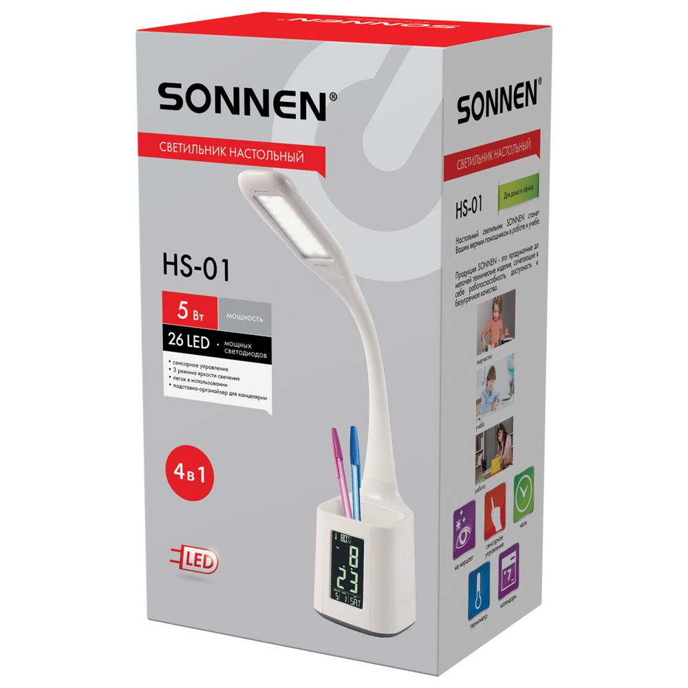 Настольная лампа-светильник SONNEN HS-01 на подставке, LCD-экран, СВЕТОДИОДНАЯ, 5 Вт, белый