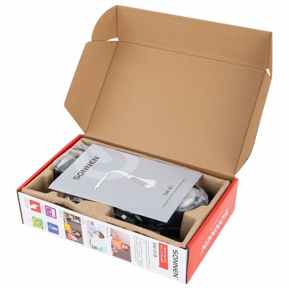 Настольная лампа-светильник SONNEN SM-01B на подставке, LCD-экран, СВЕТОДИОДНАЯ, 5 Вт, черный