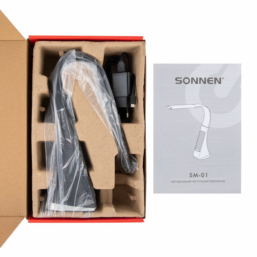 Настольная лампа-светильник SONNEN SM-01B на подставке, LCD-экран, СВЕТОДИОДНАЯ, 5 Вт, черный
