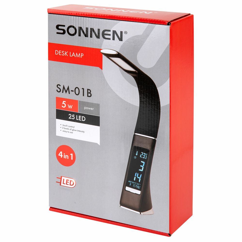 Настольная лампа-светильник SONNEN SM-01B на подставке, LCD-экран, СВЕТОДИОДНАЯ, 5 Вт, черный