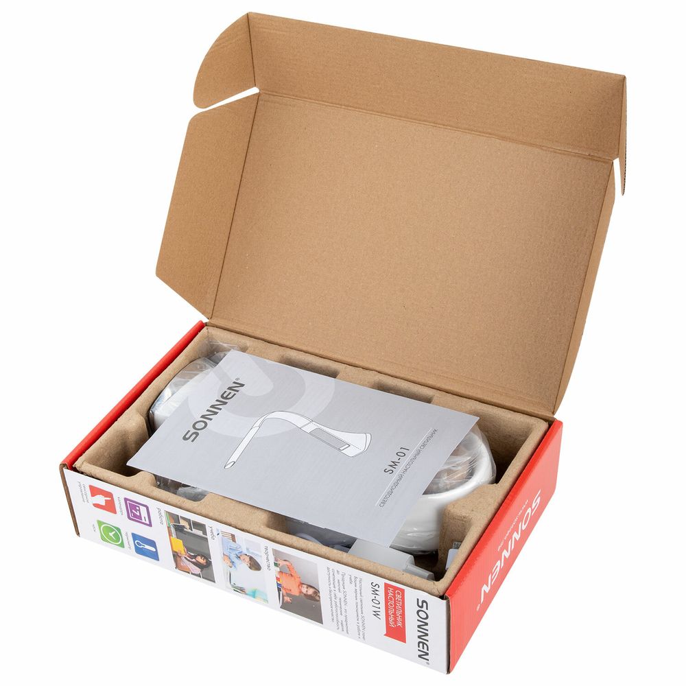 Настольная лампа-светильник SONNEN SM-01W на подставке, LCD-экран, СВЕТОДИОДНАЯ, 5 Вт, белый