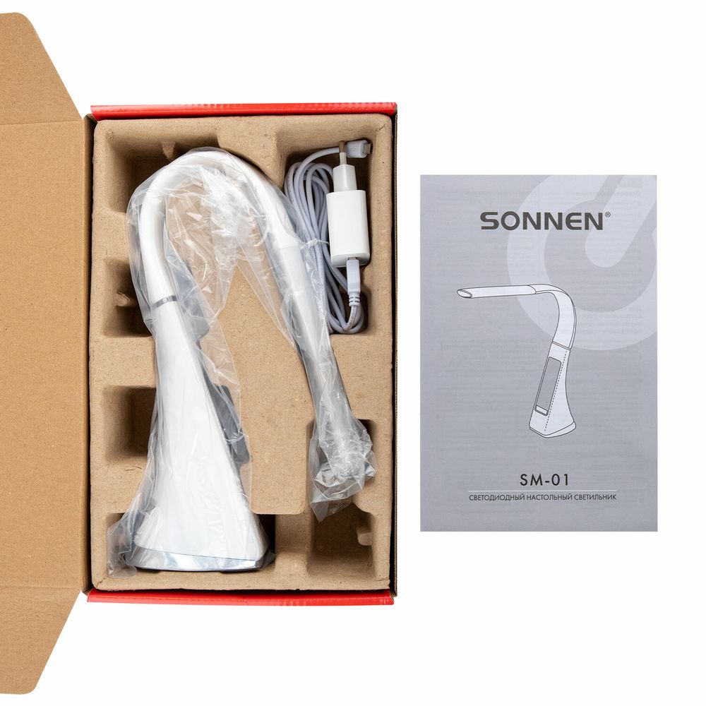 Настольная лампа-светильник SONNEN SM-01W на подставке, LCD-экран, СВЕТОДИОДНАЯ, 5 Вт, белый