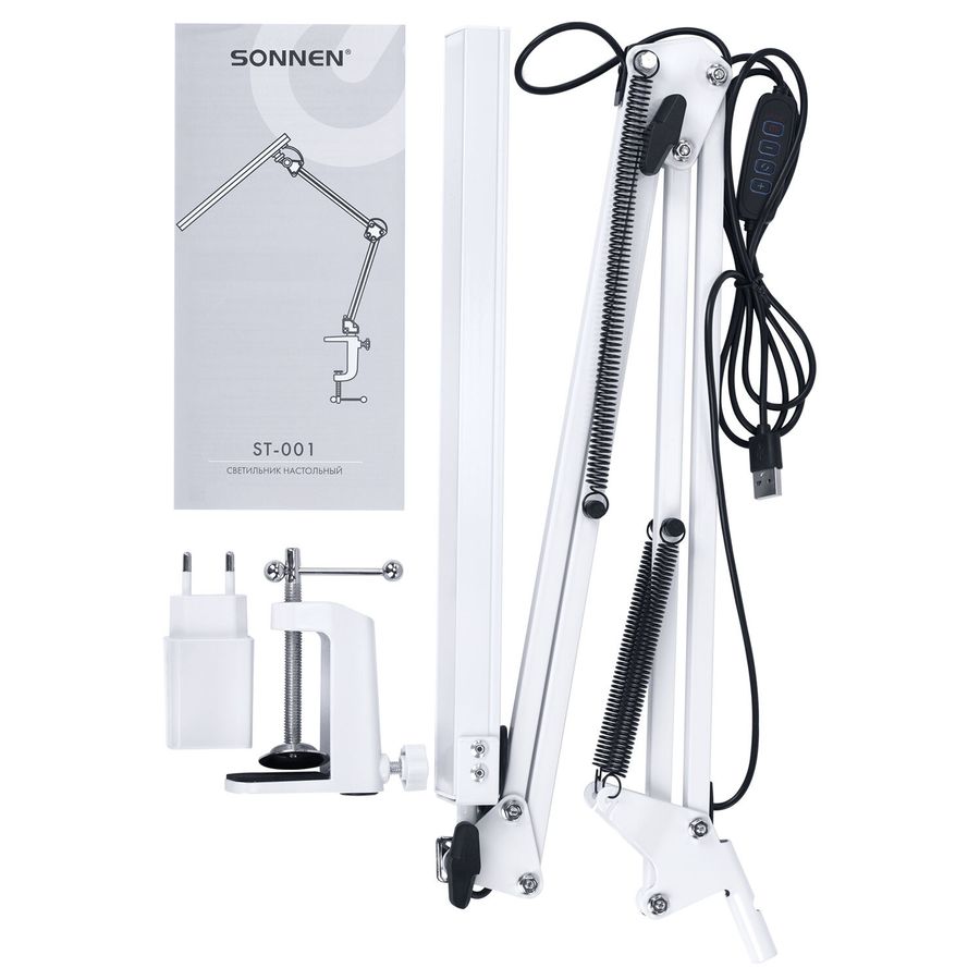 Настольная лампа-светильник SONNEN ST-001, струбцина, LED, 14 Вт, 3 режима цветовой температуры, металлический корпус, 70 см
