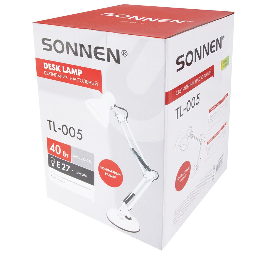 Настольная лампа-светильник SONNEN TL-005, подставка, 40 Вт, Е27, белый, высота 50 см