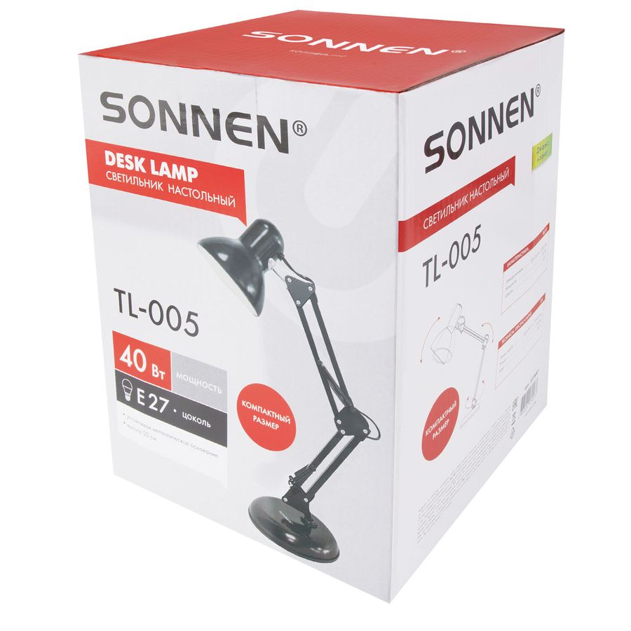 Настольная лампа-светильник SONNEN TL-005, подставка, 40 Вт, Е27, черный, высота 50 см