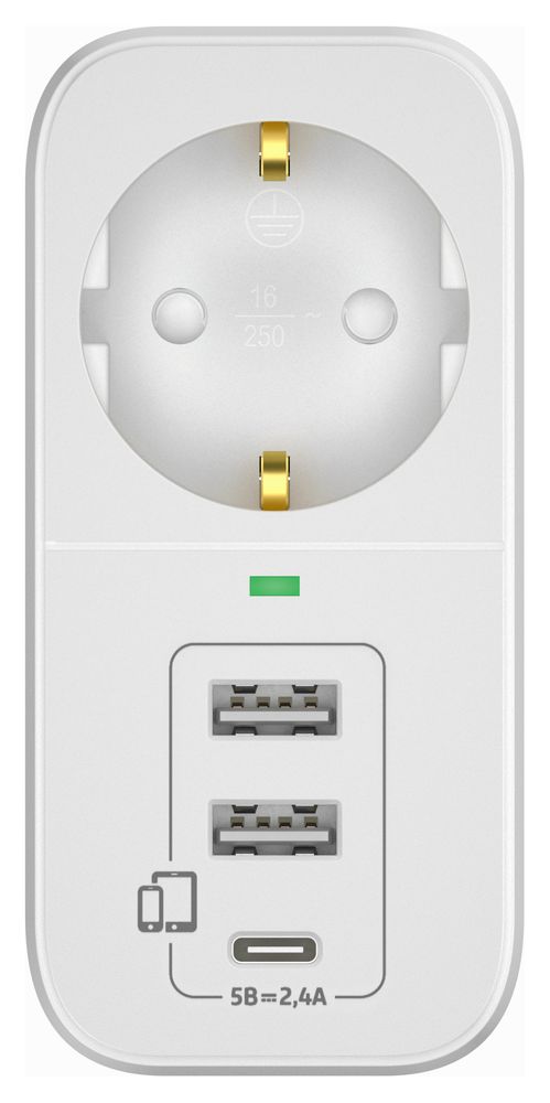 Адаптер сетевой с USB "ФОТОН" AM 16-1E-USB/A2C1, 16А, с заземл., 2  USB-A + USB-C, 2,4A, белый