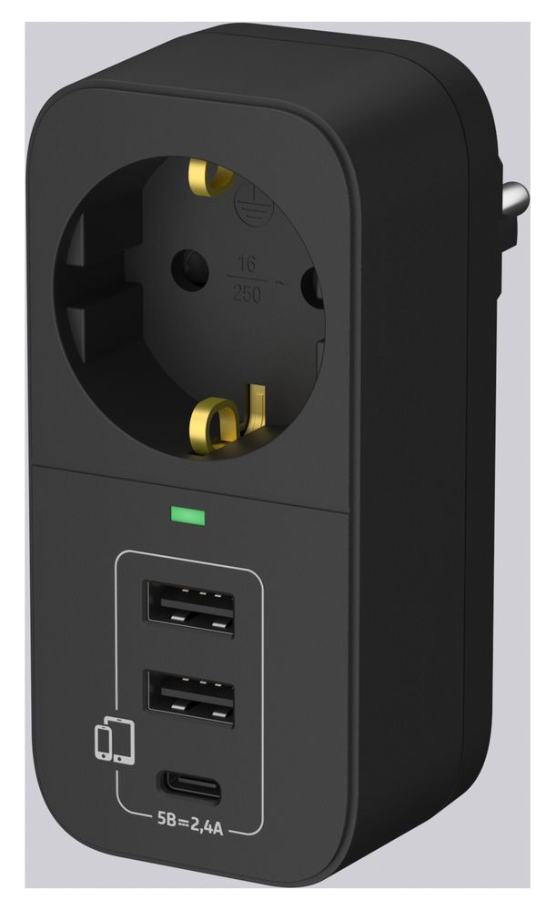 Адаптер сетевой c USB "ФОТОН" AM 16-1E-USB/A2C1, 16А, с заземл., 2  USB-A + USB-C, 2,4A, черный