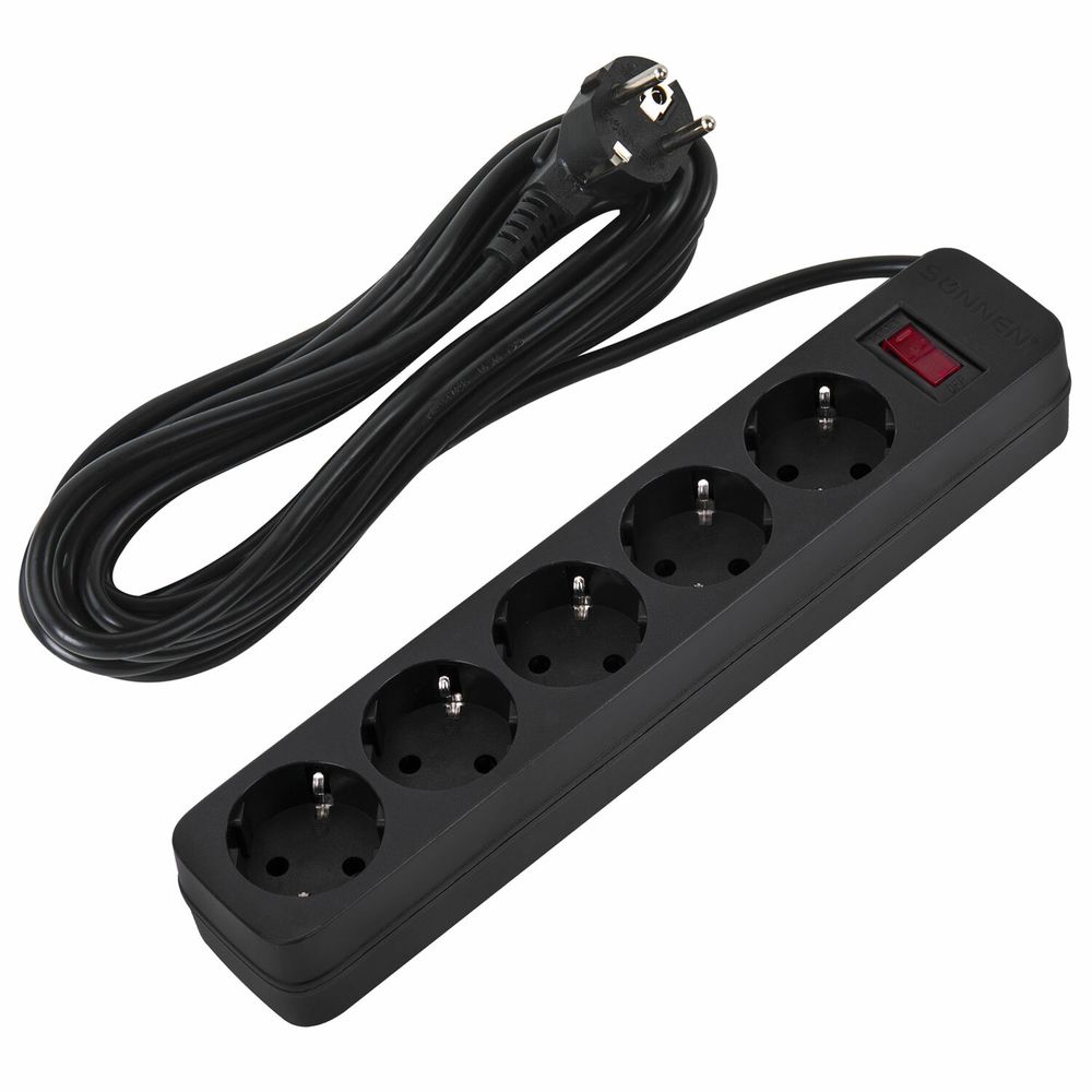 Сетевой фильтр SONNEN SPB-505, 5 розеток с заземлением, выключатель, 10 А, 5 м, черный