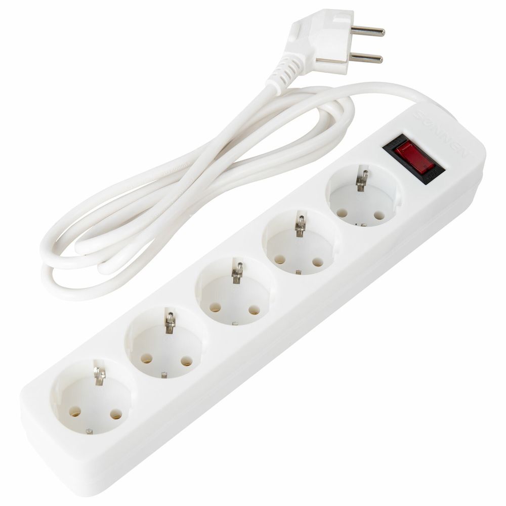 Сетевой фильтр SONNEN SPW-185, 5 розеток с заземлением, выключатель, 10 А, 1,8 м, белый