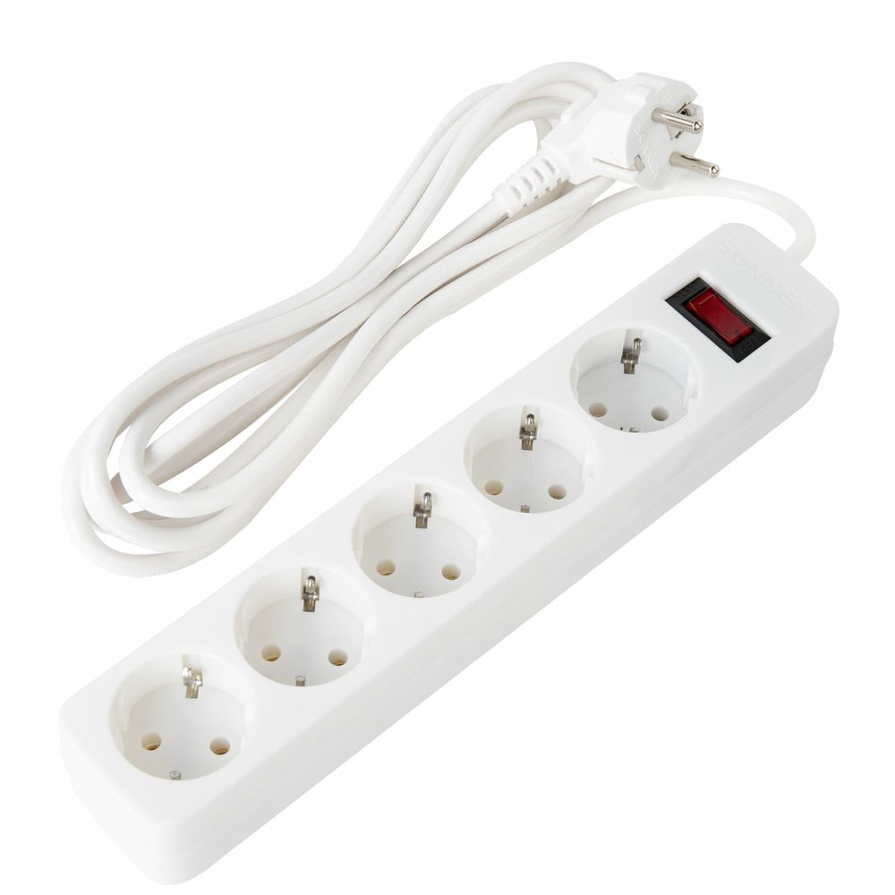 Сетевой фильтр SONNEN SPW-305, 5 розеток с заземлением, выключатель, 10 А, 3 м, белый