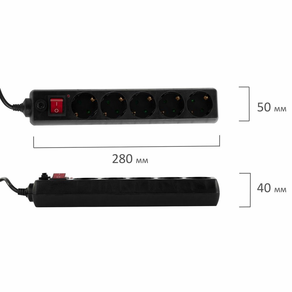 Сетевой фильтр SONNEN U-3518, 5 розеток, с заземлением, выключатель, 10 А, 1,8 м, черный