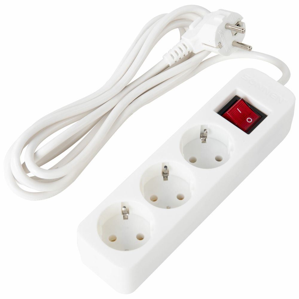 Удлинитель сетевой SONNEN PSW-303, 3 розетки c заземлением, выключатель 10 А, 3 м, белый