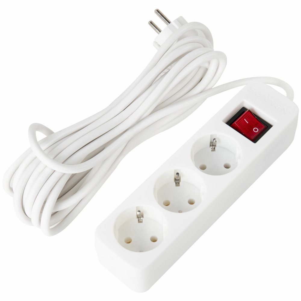 Удлинитель сетевой SONNEN PSW-503, 3 розетки c заземлением, выключатель 10 А, 5 м, белый