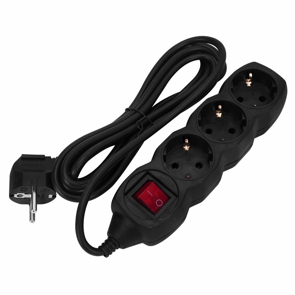 Удлинитель сетевой SONNEN U-133GS, 3 розетки, c заземлением, выключатель, 10 А, 5 м, черный