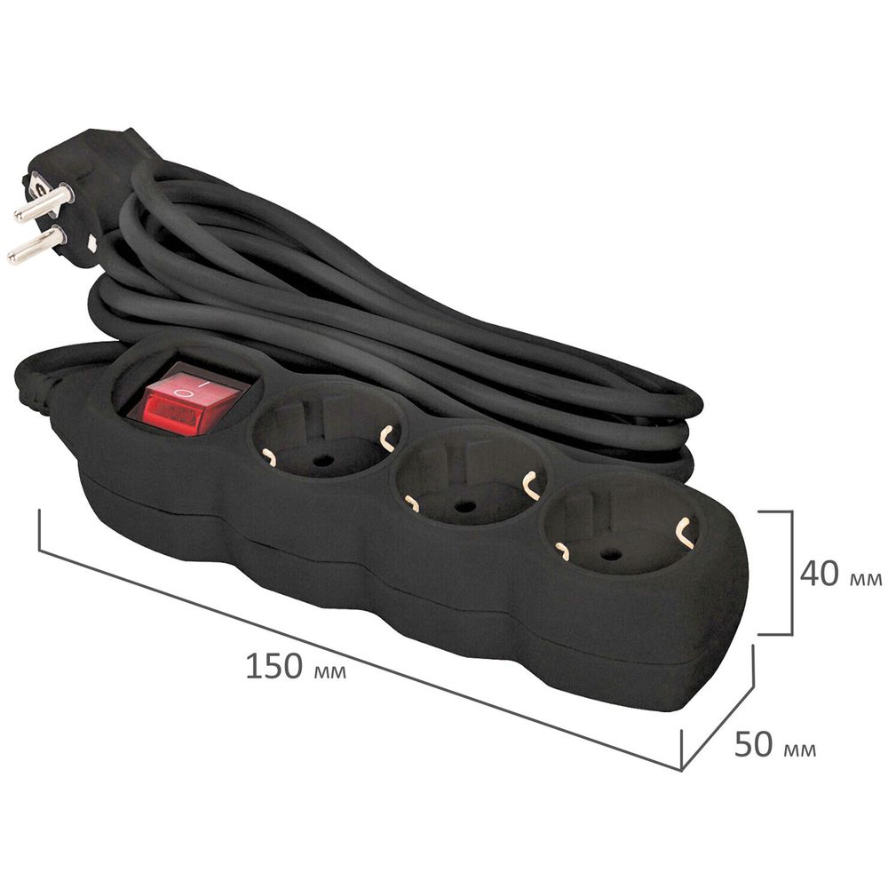 Удлинитель сетевой SONNEN U-133GS, 3 розетки, c заземлением, выключатель, 10 А, 5 м, черный