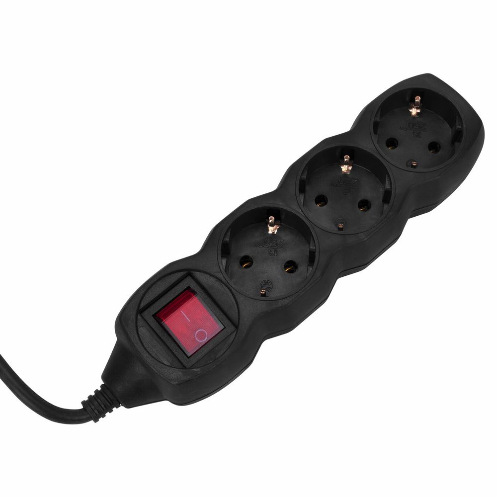 Удлинитель сетевой SONNEN U-133GS, 3 розетки, c заземлением, выключатель, 10 А, 5 м, черный