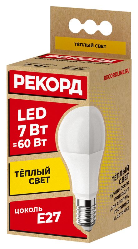 Лампа светодиодная РЕКОРД LED А60 7W Е27 3000К