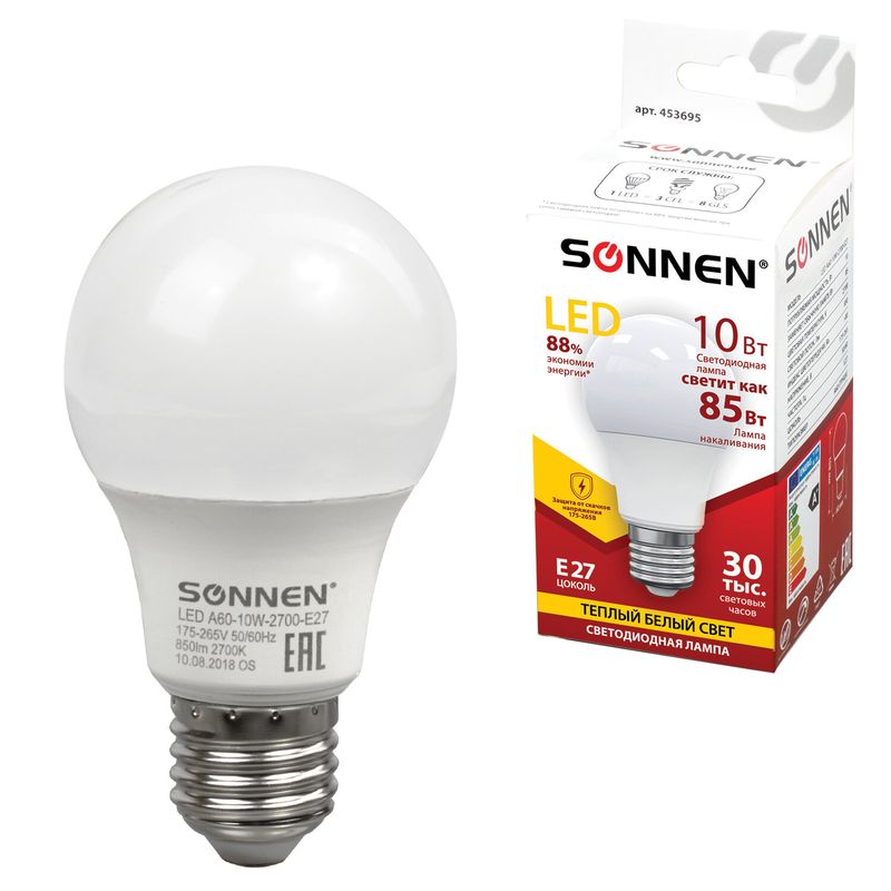 Лампа светодиодная SONNEN, 10(85)Вт, цоколь Е27,груша, тепл.бел,30000ч, LED A60-10W-2700-E27