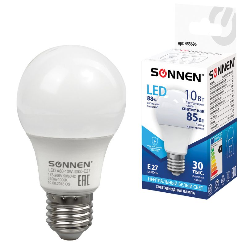 Лампа светодиодная SONNEN, 10(85)Вт, цоколь Е27,груша,нейтр.бел,30000ч, LED A60-10W-4000-E27