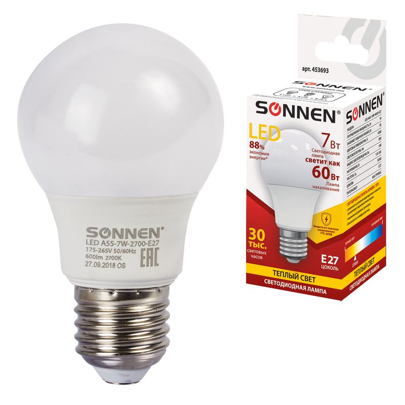 Лампа светодиодная SONNEN, 7(60)Вт, цоколь E27, груша, тепл.бел, 30000ч, LED A55-7W-2700-E27