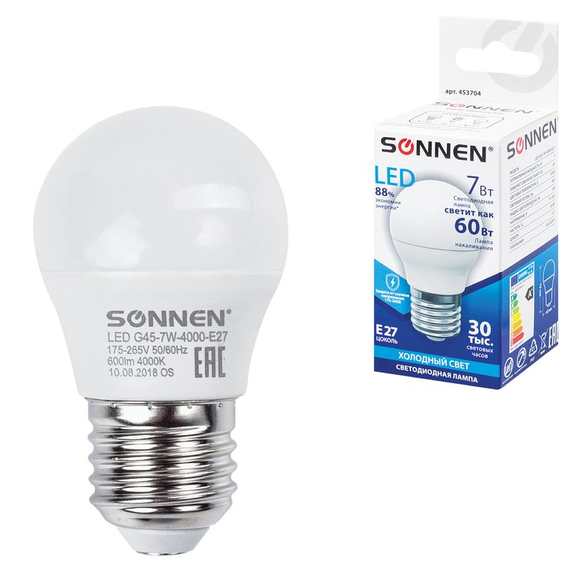 Лампа светодиодная SONNEN, 7(60)Вт, цоколь E27, шар, хол. белый, 30000ч, LED G45-7W-4000-E27
