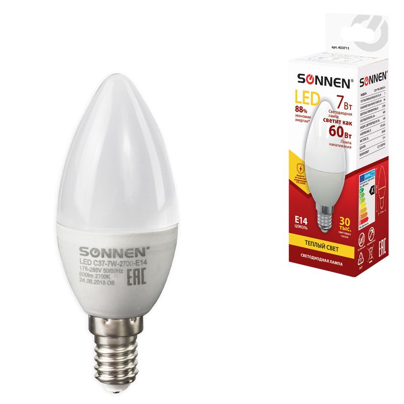 Лампа светодиодная SONNEN, 7(60)Вт, цоколь Е14, свеча, тепл.бел, 30000ч, LED C37-7W-2700-E14